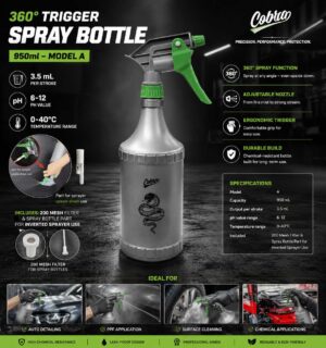360° Trigger Spray Bottle 950ml – Model A | 3.5 mL per stroke | PH value: 6-12 | 0-40°C | INCLUDES : 200 Mesh Filter & Spray Bottle Part for Inverted Sprayer Use