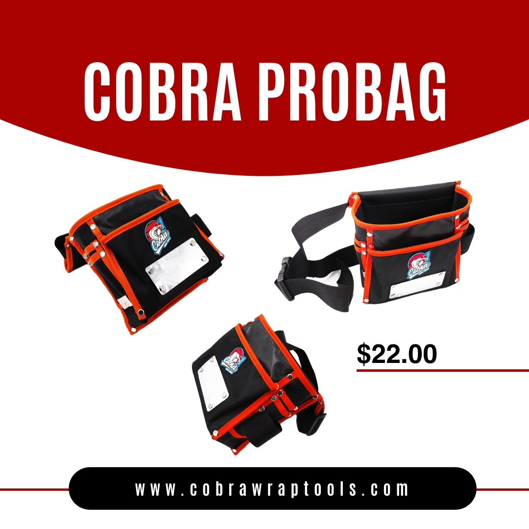 Cobra ProBag
#cobra #CobraWrapTools #Tools #toolkit #probag #bag
Clip this bag in place and never worry about what to do with your tools during a job. The Cobra Probag lives up to that name with its long list of features that include ten pockets for those squeegees, small hand tools, and more. The bag is made of durably nylon materials and double sewed for long lasting durability. Weighing only 400 grams, it features an adjustable belt for optimal comfort. A small metal panel at the front lets you make the most of your investments in magnetic tools, and you will find this becoming your go to bag at all times
