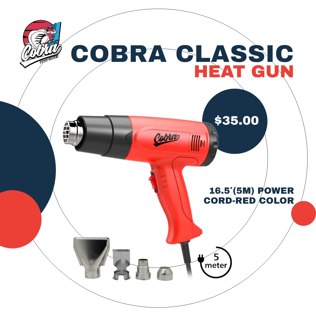 Cobra Classic Heat Gun with 16.5′(5M) Power Cord-Red Color
#cobra #CobraWrapTools #Tools #toolkit #classicheatgun #heatgun #powercord #red #redcolours
1500 watts
Temperature: max 842°F
Air flow: 190-550 l / min
Cord length: 5M
Mains voltage: 110V
2 heating levels
4 nozzles