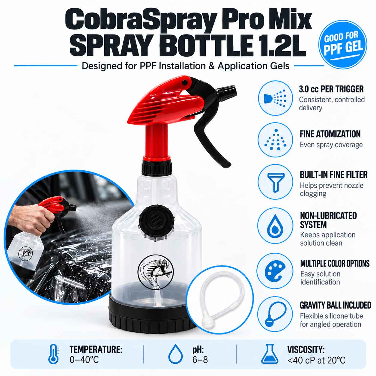 CobraSpray Pro Mix Bottle 1.2L with Gravity Ball with Flexible Silicone Tube for Angled Sprayer Operation | Good For PPF Gel - Image 2